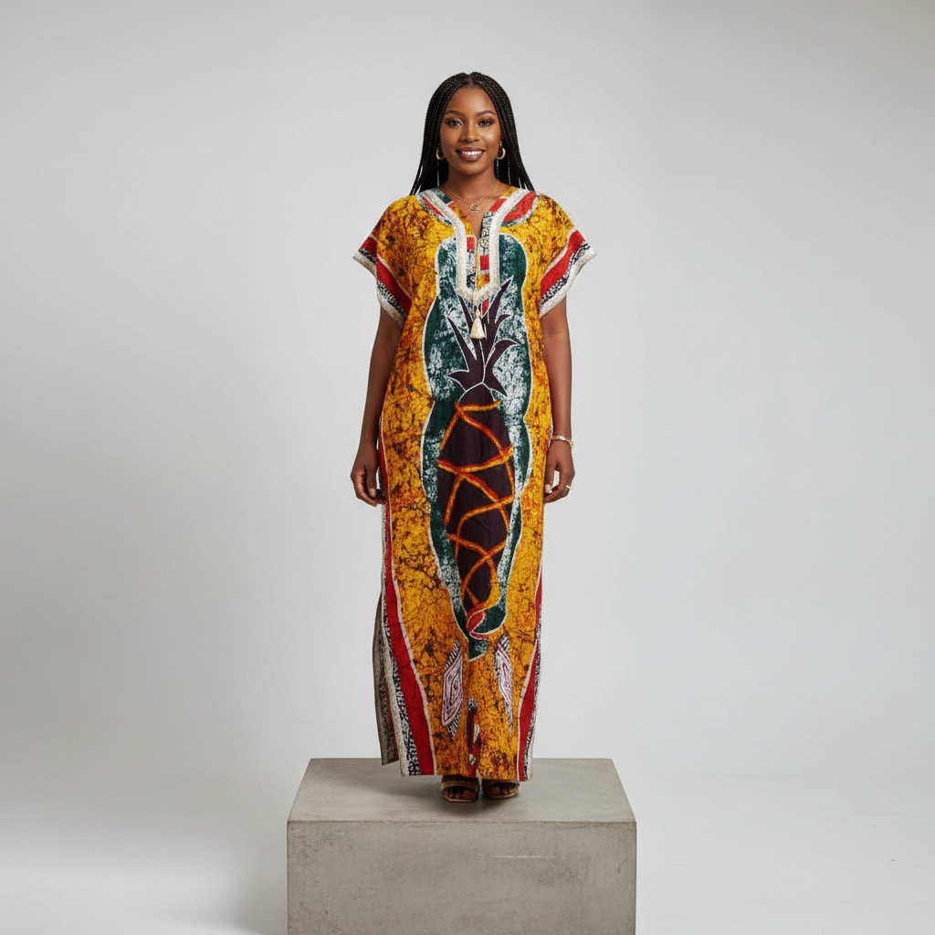 Yellow Adire Pineapple Print Long Bubu Gown – Model Front View