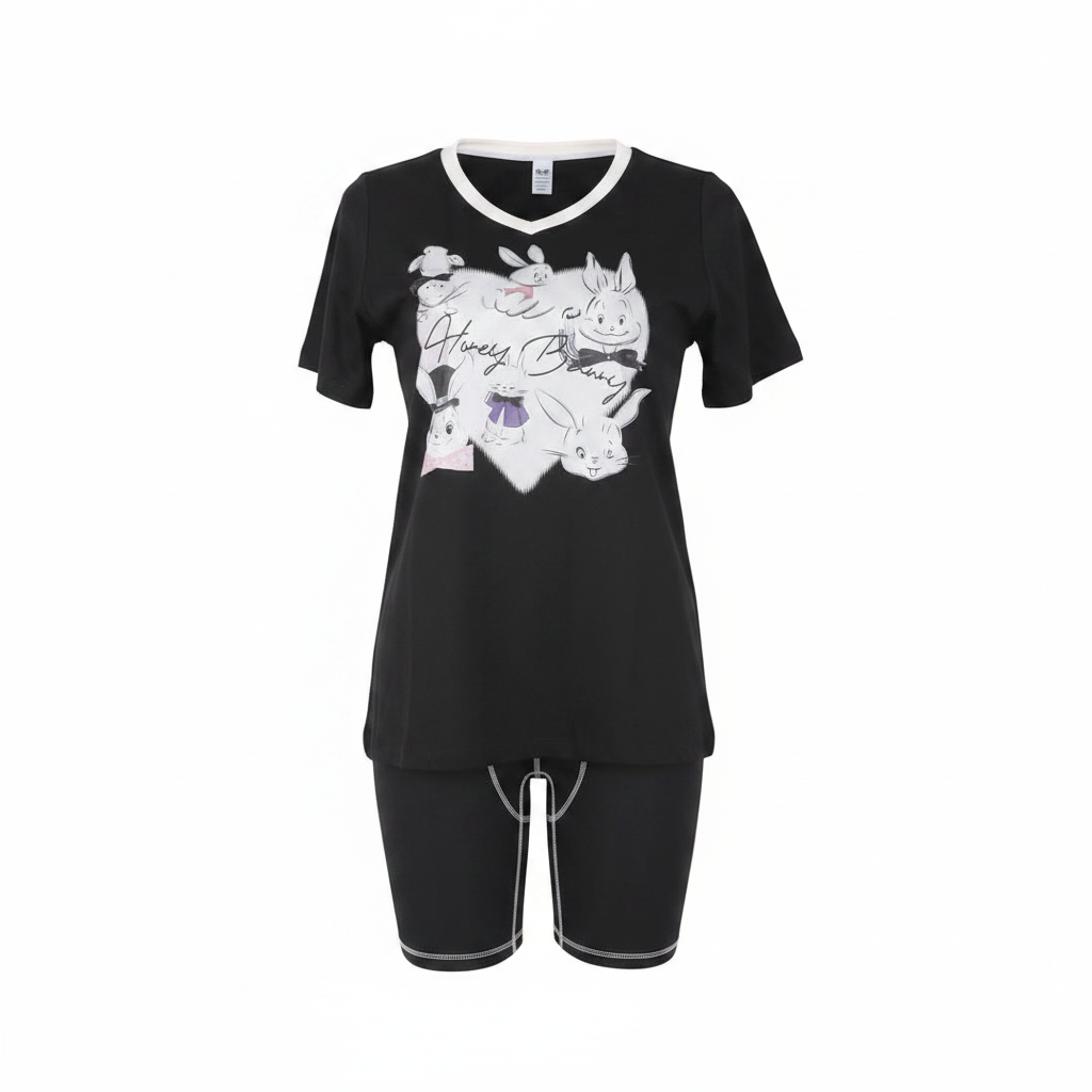 Black Honey Bunny Graphic Co-ord Set - Ghost Mannequin Front View