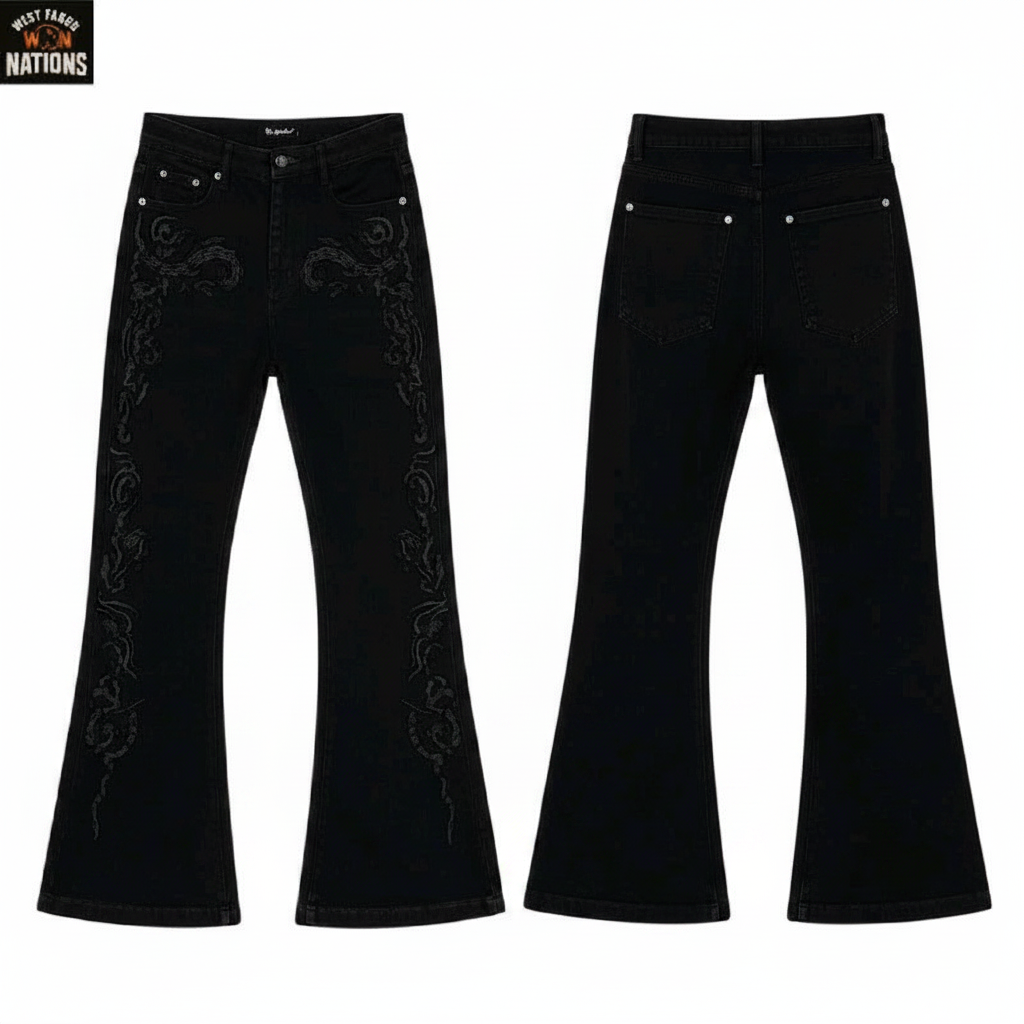 Men's black baroque embroidered bell-bottom flare jeans – ghost mannequin front view