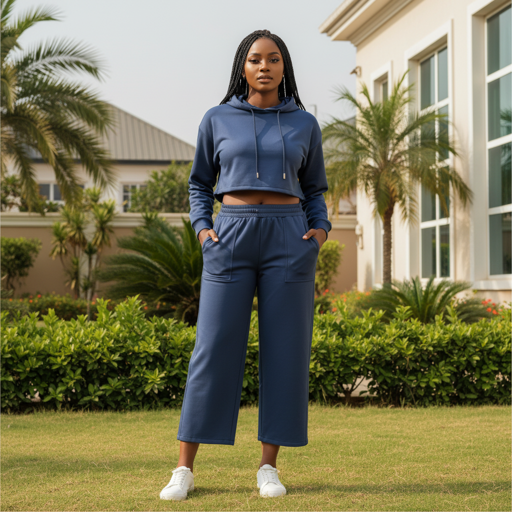 Female Nigerian Model - Steel Blue Wide-Leg Pants Front