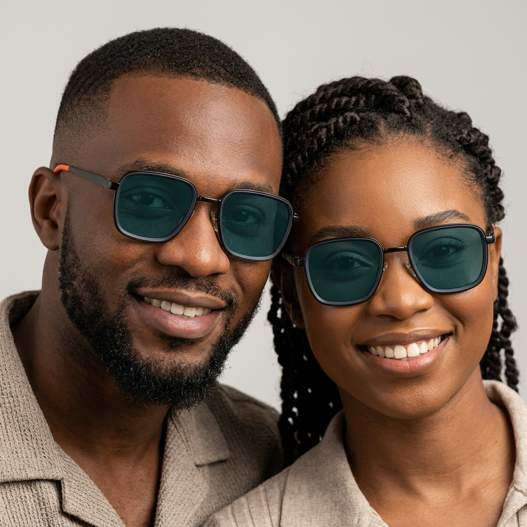AI-generated man and woman wearing black square blue-green sunglasses