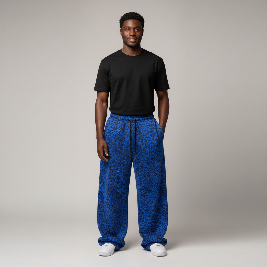 Model wearing blue leopard print baggy joggers with a black t-shirt