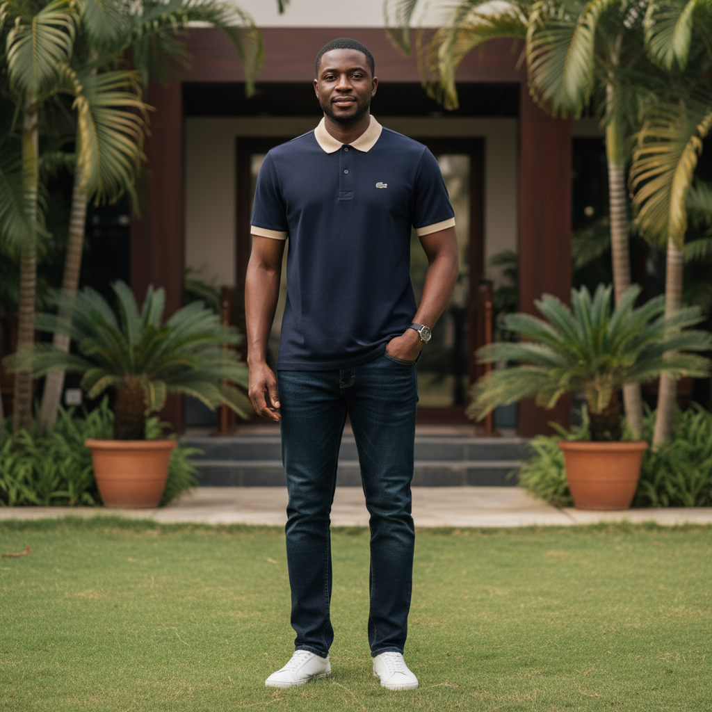 Nigerian male model wearing men's navy polo shirt with cream contrast collar, garden setting