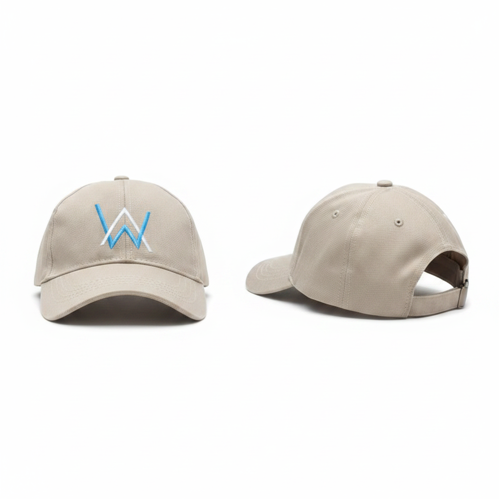 Light grey baseball cap with white and blue geometric logo embroidery ghost mannequin front and rear-side view