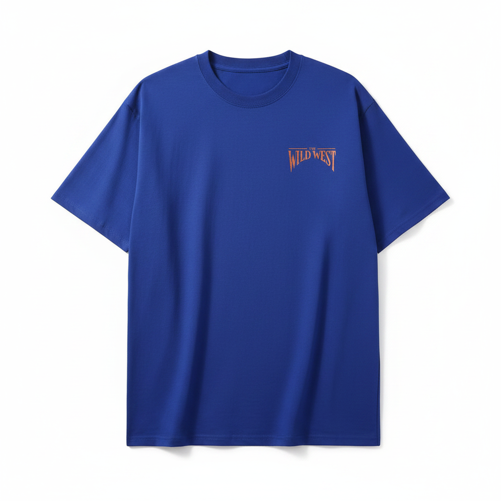 Unisex royal blue wild west graphic oversized tee – ghost mannequin front view
