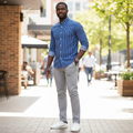 Nigerian male model wearing Royal Blue Fine White Pinstripe Long-Sleeve Button-Down Shirt