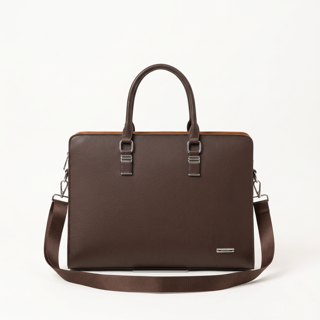 Chocolate-brown laptop bag with twin handles, silver-tone fittings and shoulder strap on a white catalog background