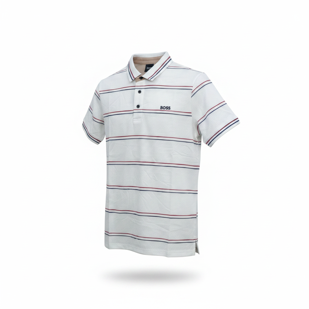 Men's white navy red all-over stripe short-sleeve polo shirt - ghost mannequin front view