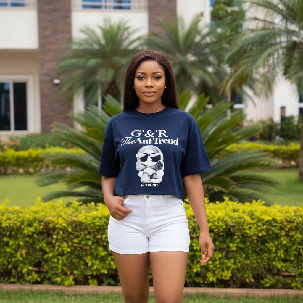 Women's navy blue oversized bulldog graphic crop tee - model shot