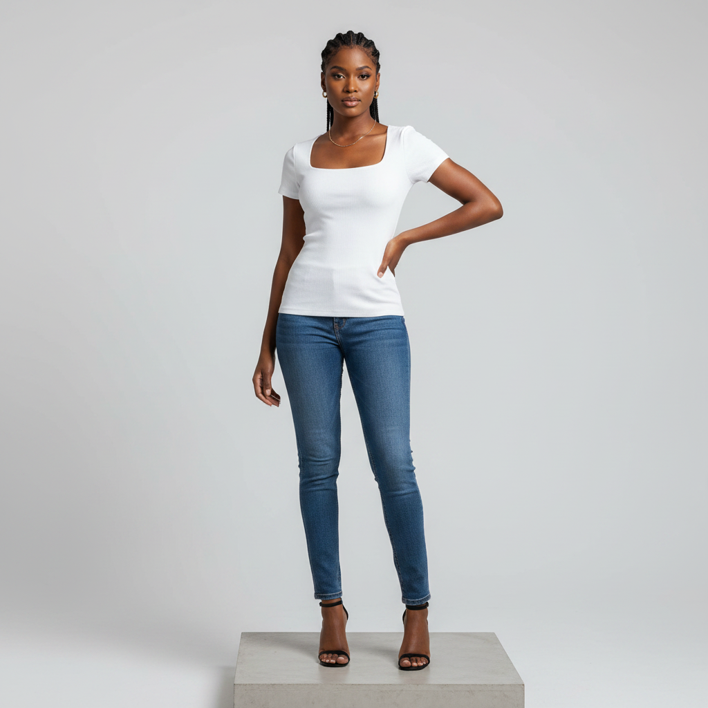 White Square-Neck Ribbed Short-Sleeved Shirt - Model Front