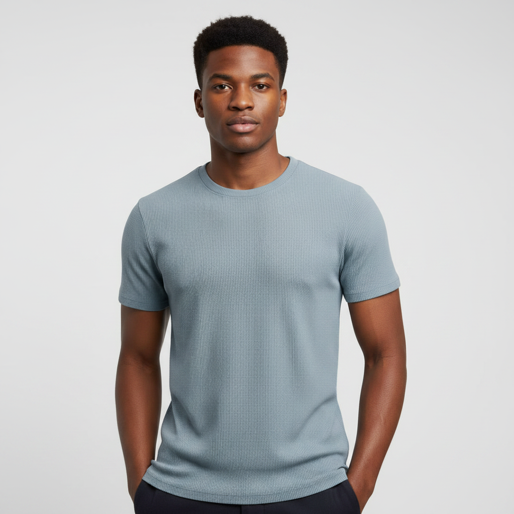 Front model view – Steel Blue Ribbed Tee
