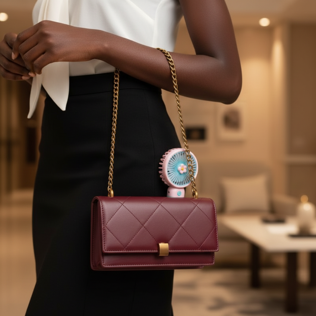 Black Nigerian woman holding burgundy quilted crossbody bag with gold chain and mini hand fan