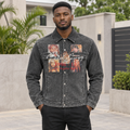 Black Nigerian adult model wearing a grey graphic denim jacket