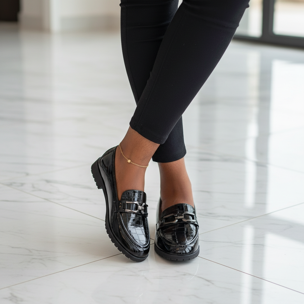 Layinka Store Black Croc Patent Bar-Buckle Loafers – Model Shot