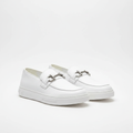 Men's white leather slip-on loafers with silver buckle pair product shot