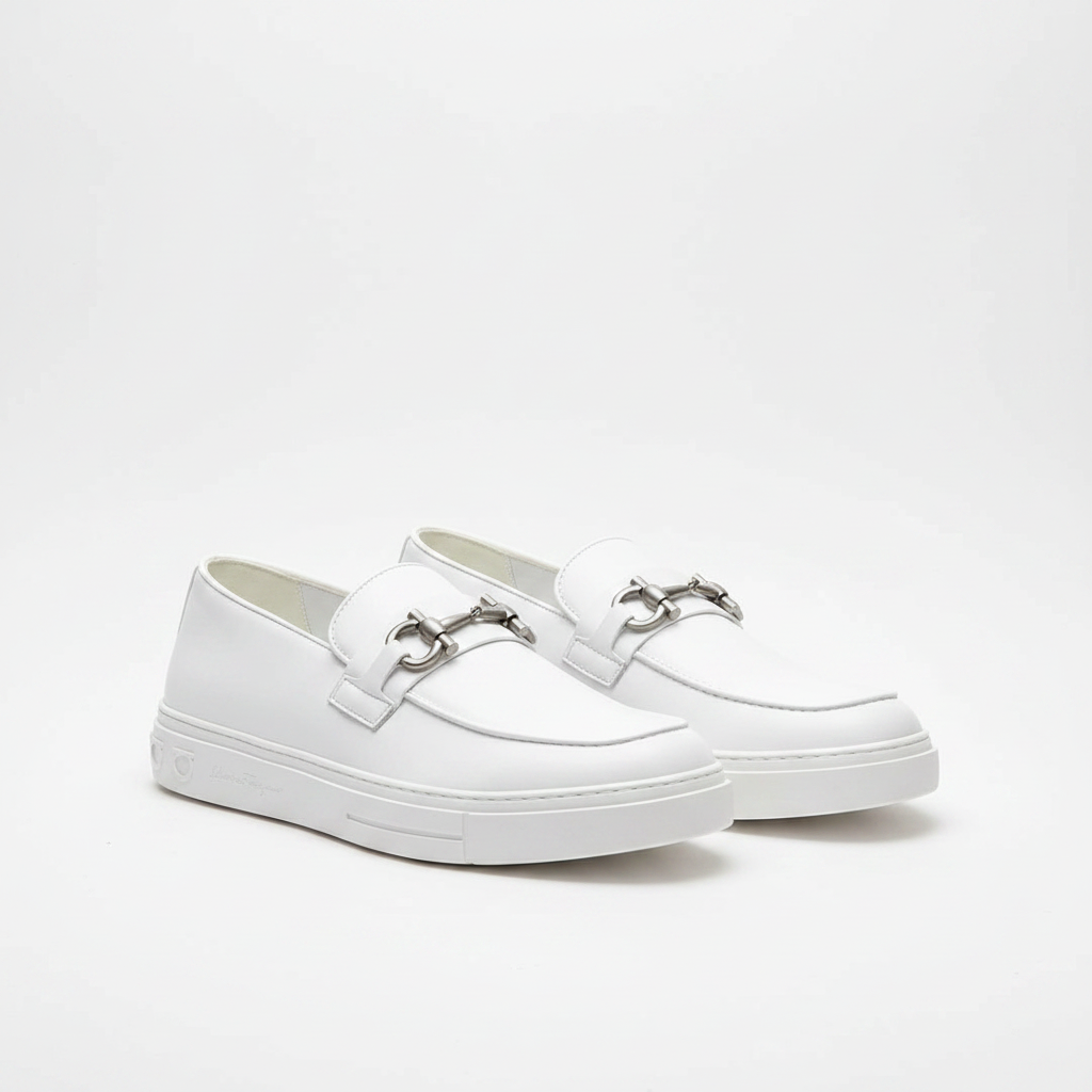 Men's white leather slip-on loafers with silver buckle pair product shot