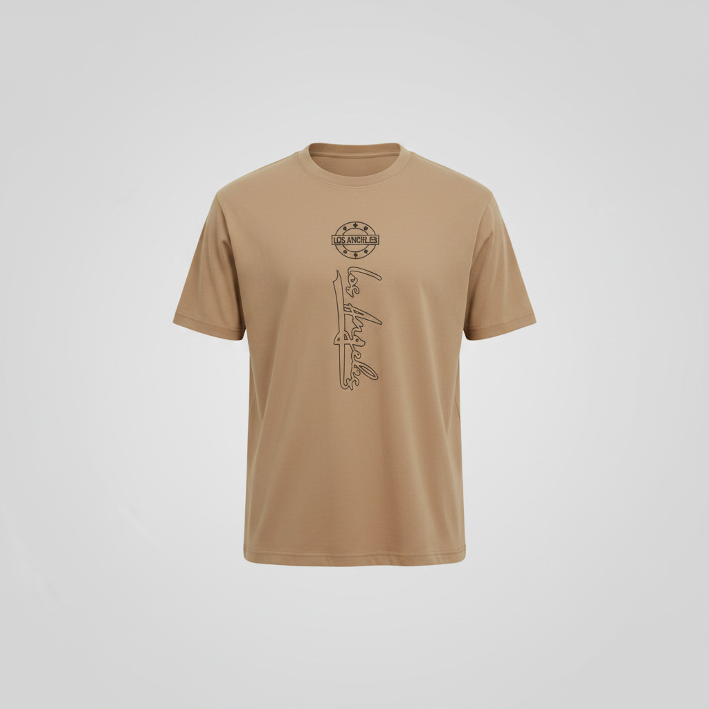 Men's beige Los Angeles graphic T-shirt on a ghost mannequin