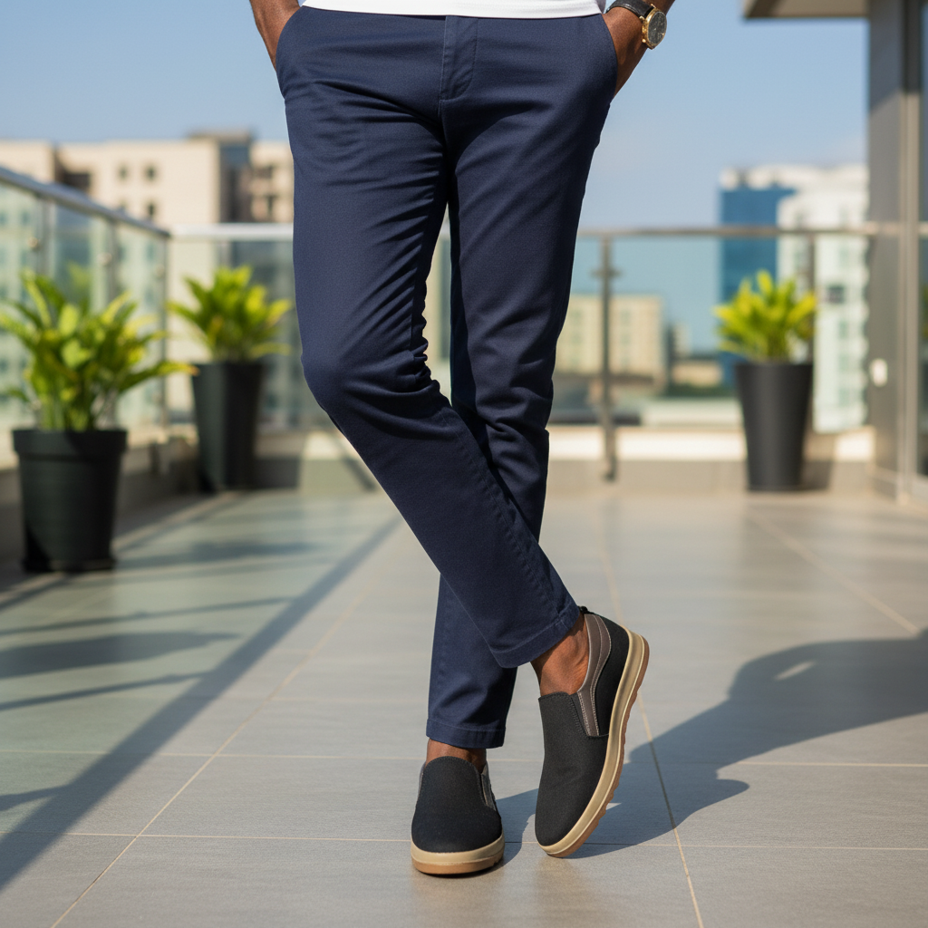Nigerian male model wearing Segvor black canvas slip-on loafers with grey leather trim, smart-casual leg focus lifestyle shot