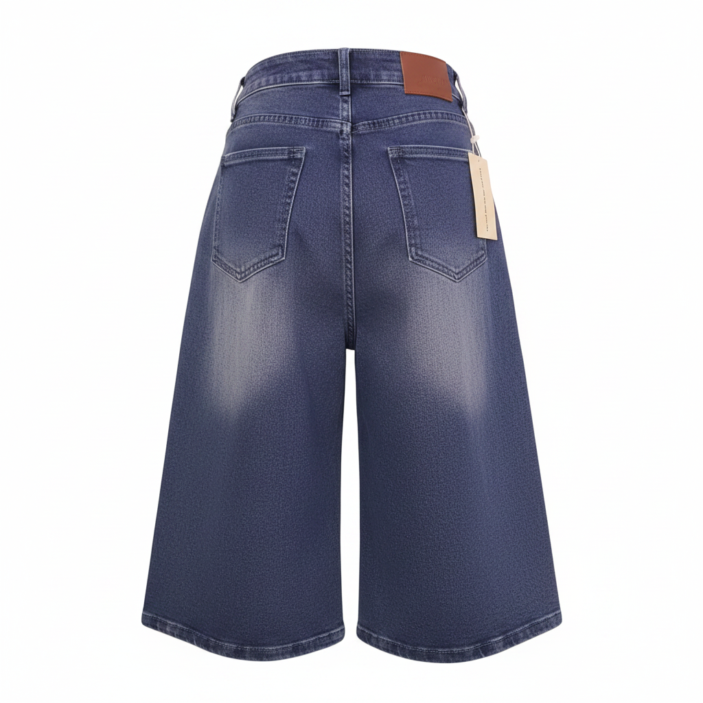 Navy Purple Rhinestone Wide-Leg Denim Shorts - Ghost Mannequin Back
