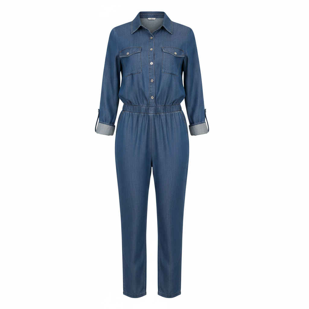 Steel Blue Denim Shirt Jumpsuit - Ghost Mannequin Front