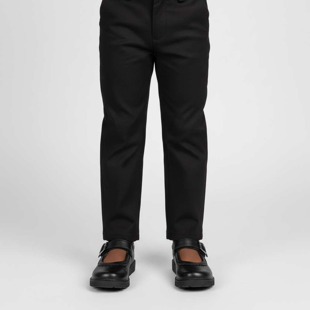 Black kids' school shoes with buckle strap worn by a child, leg-focus model shot
