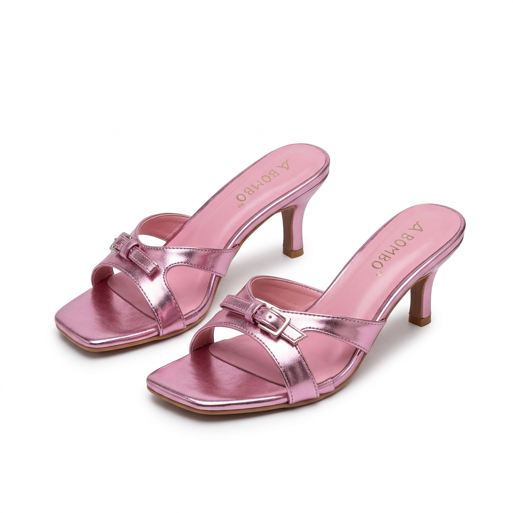 Pair of metallic pink buckle-detail heeled mules on pure white background