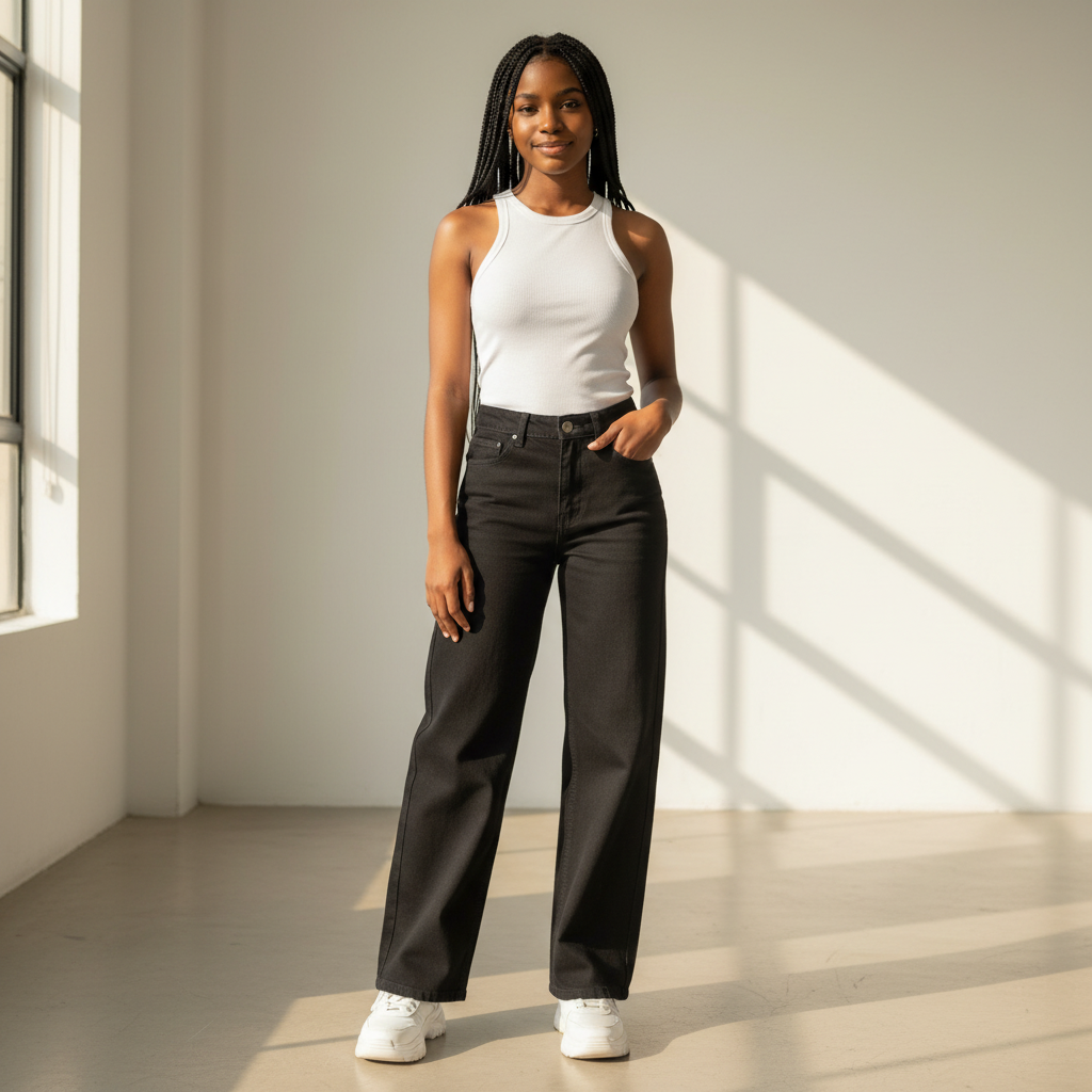 Girls Black Wide-Leg Jeans – Model Shot