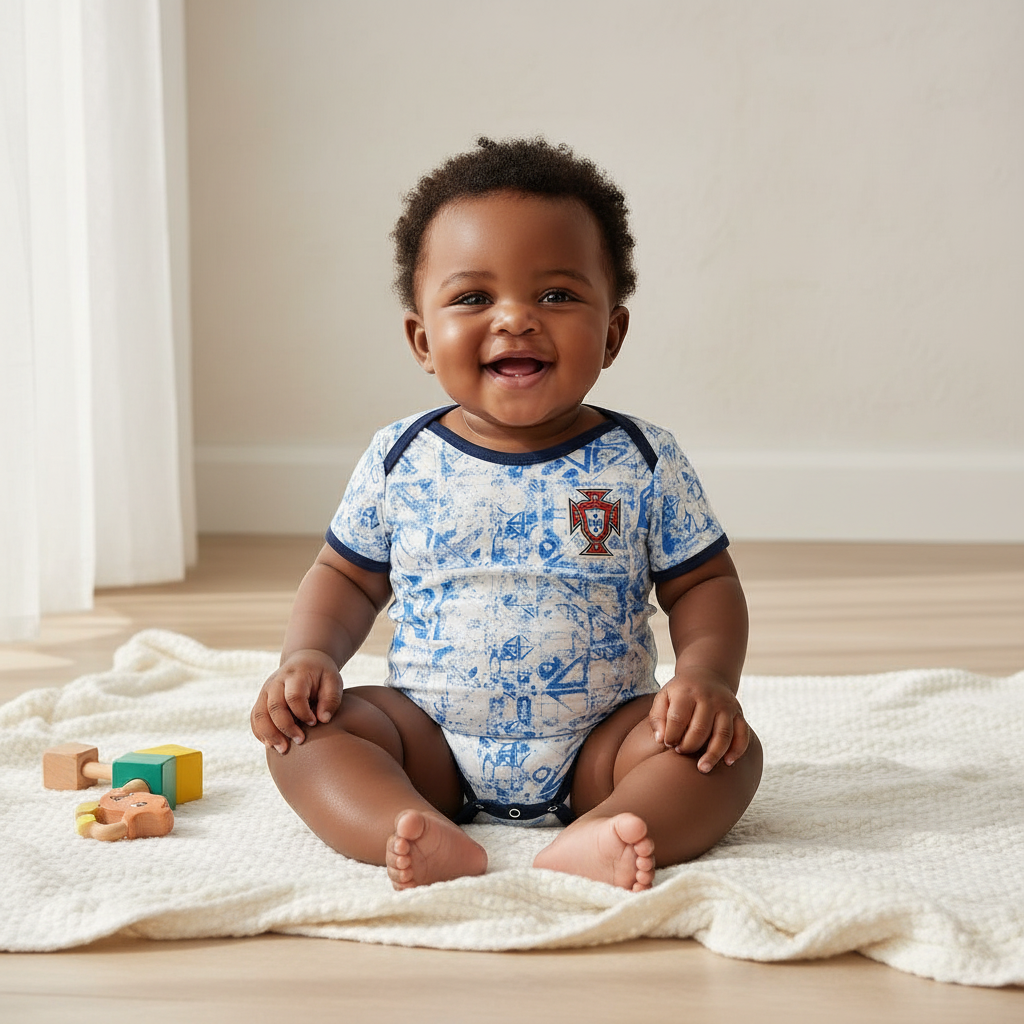 Nigerian baby wearing white & blue graphic print football romper bodysuit lifestyle shot