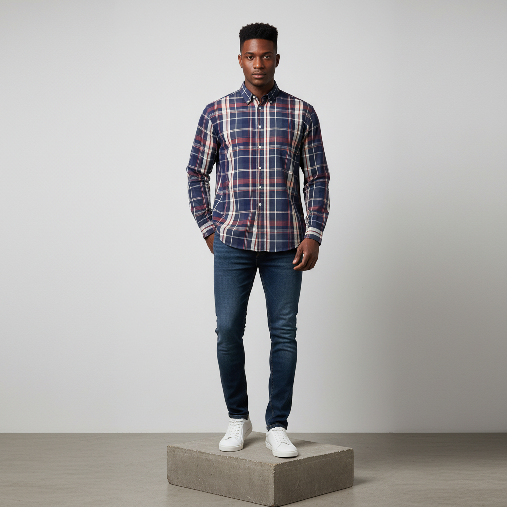 Nigerian male model wearing navy blue red plaid long-sleeved shirt, front view