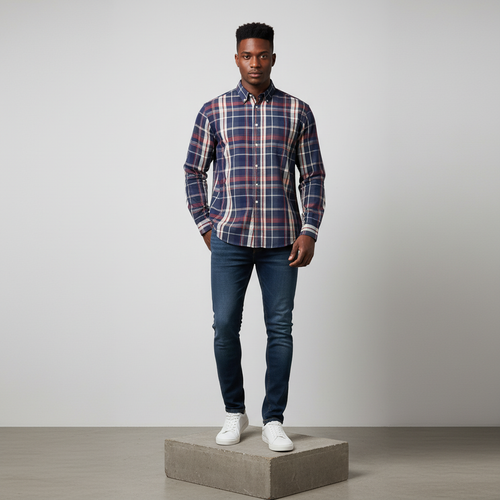 Nigerian male model wearing navy blue red plaid long-sleeved shirt, front view