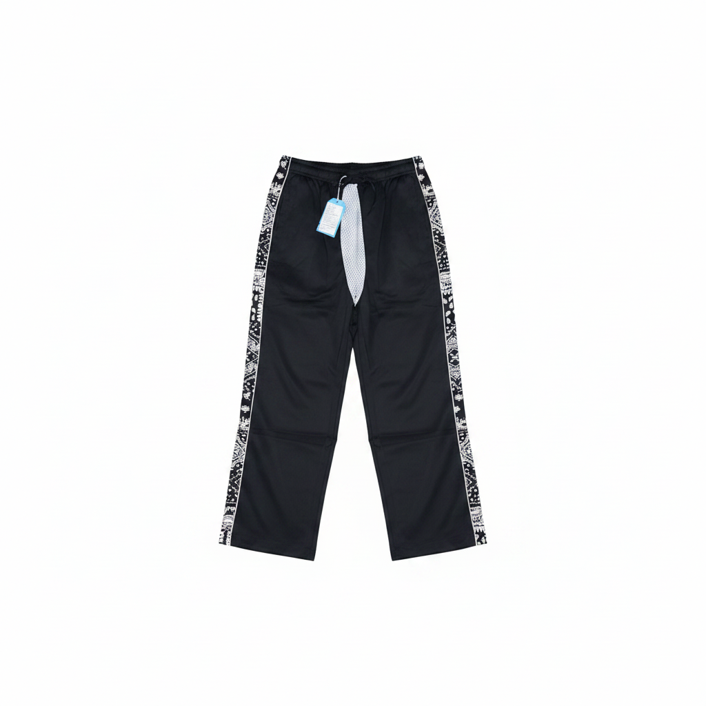 Ghost mannequin of black bandana tape track pants