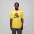 Model wearing the yellow Money graphic t-shirt