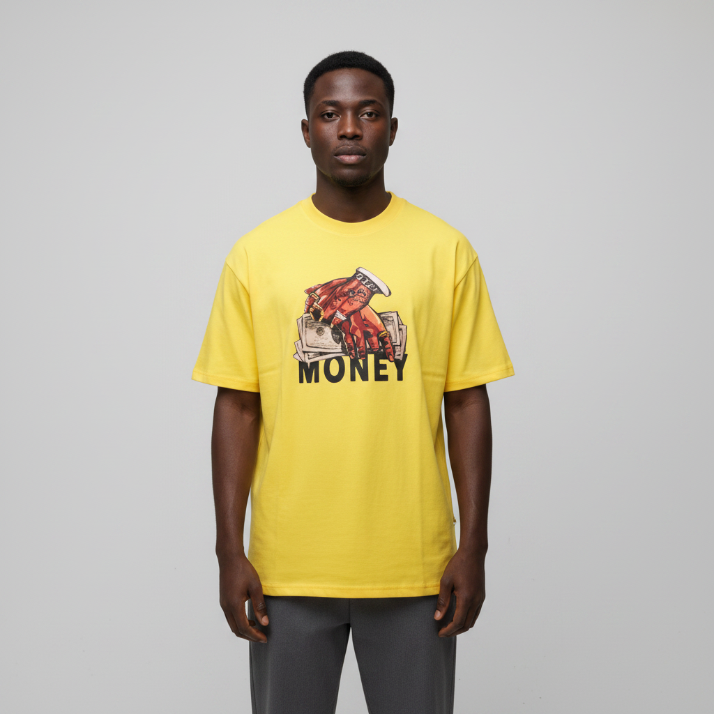 Model wearing the yellow Money graphic t-shirt
