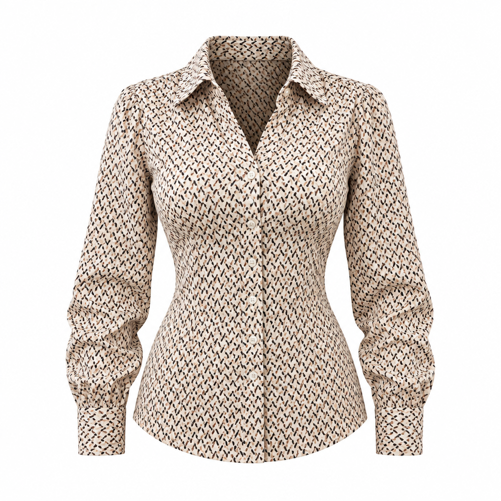 Beige dash-print fitted button-down shirt ghost mannequin