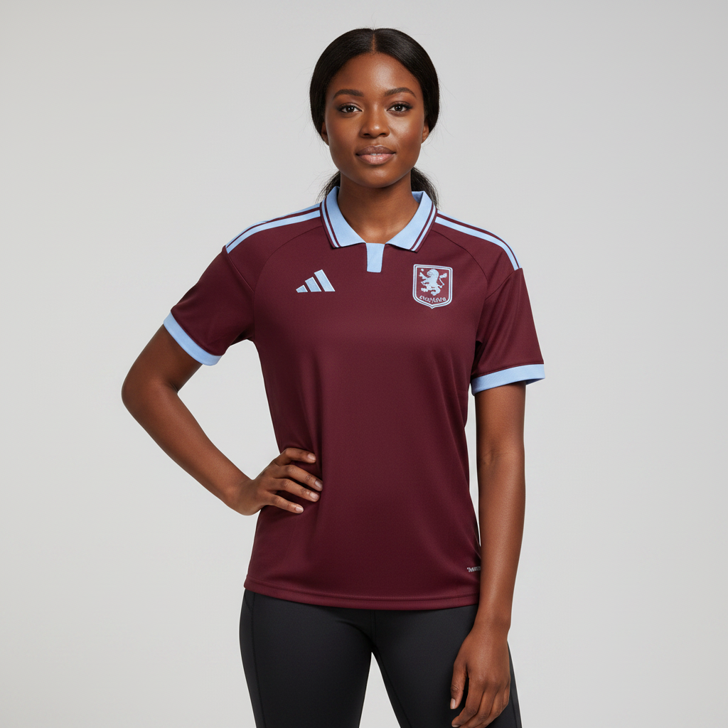 Nigerian female model wearing Aston Villa home jersey