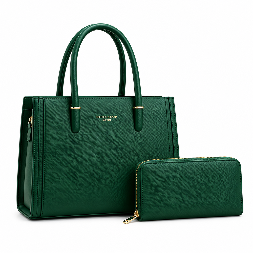 Forest green structured tote and matching purse on white