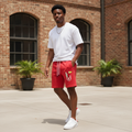Young Nigerian male model wearing Red Motivation Graphic Sweat Shorts