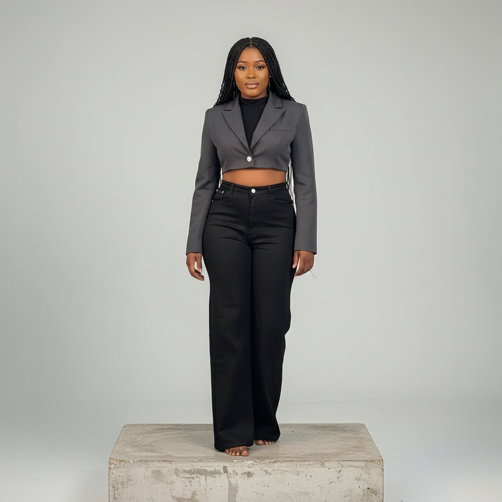 Black High-Waist Wide-Leg Straight Jeans – Front Model