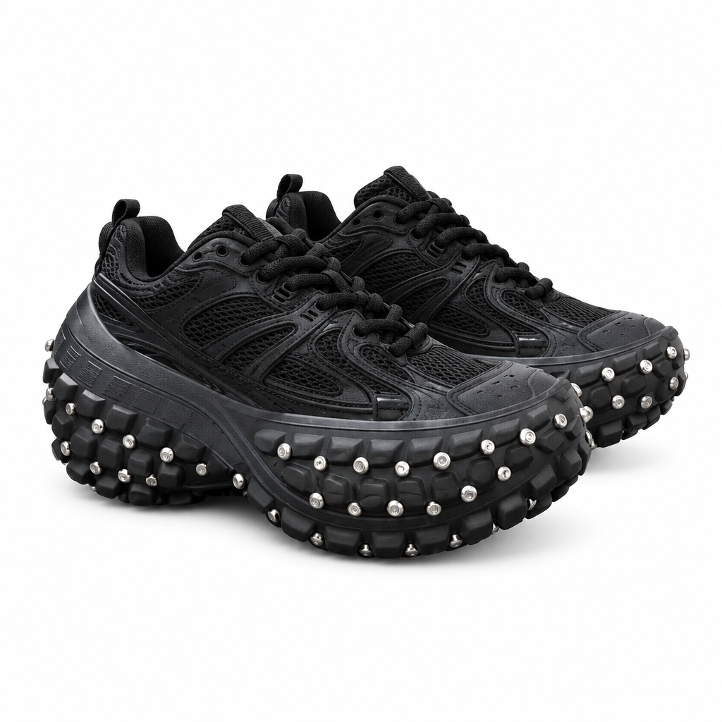 Pair of black chunky sneakers with silver-tone studded soles on white