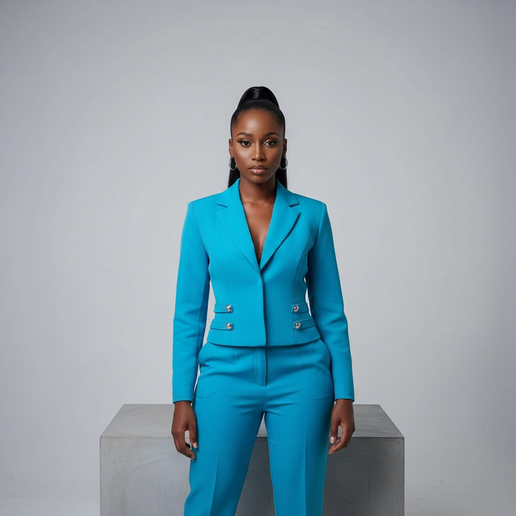 Sky Blue Double-Button Cropped Blazer - Model Front