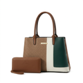 Tan cream and green colour-block tote with brown wristlet on white