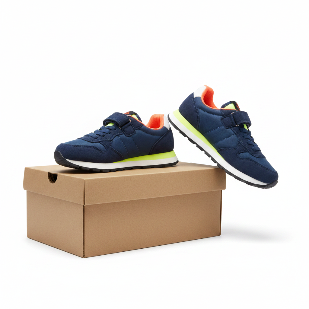 Kids' Navy Blue Velcro Strap Sneaker - Carton Box and Ghost Mannequin