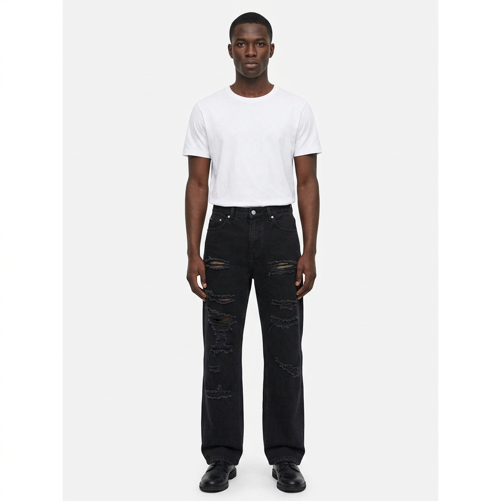 Full-body male model wearing black shredded-distress wide-leg jeans