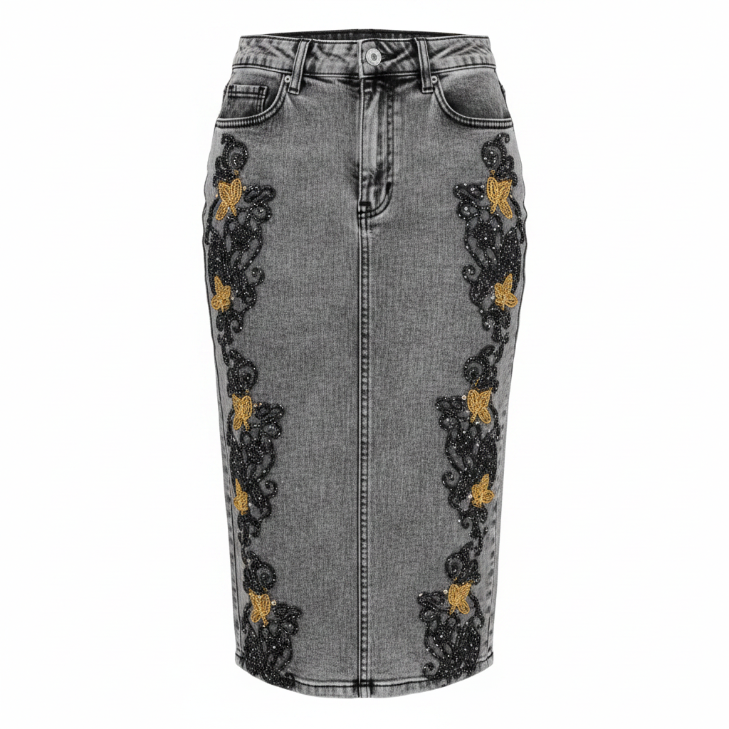 Ghost Mannequin – Black & Gold Beaded Acid-Wash Denim Midi Skirt