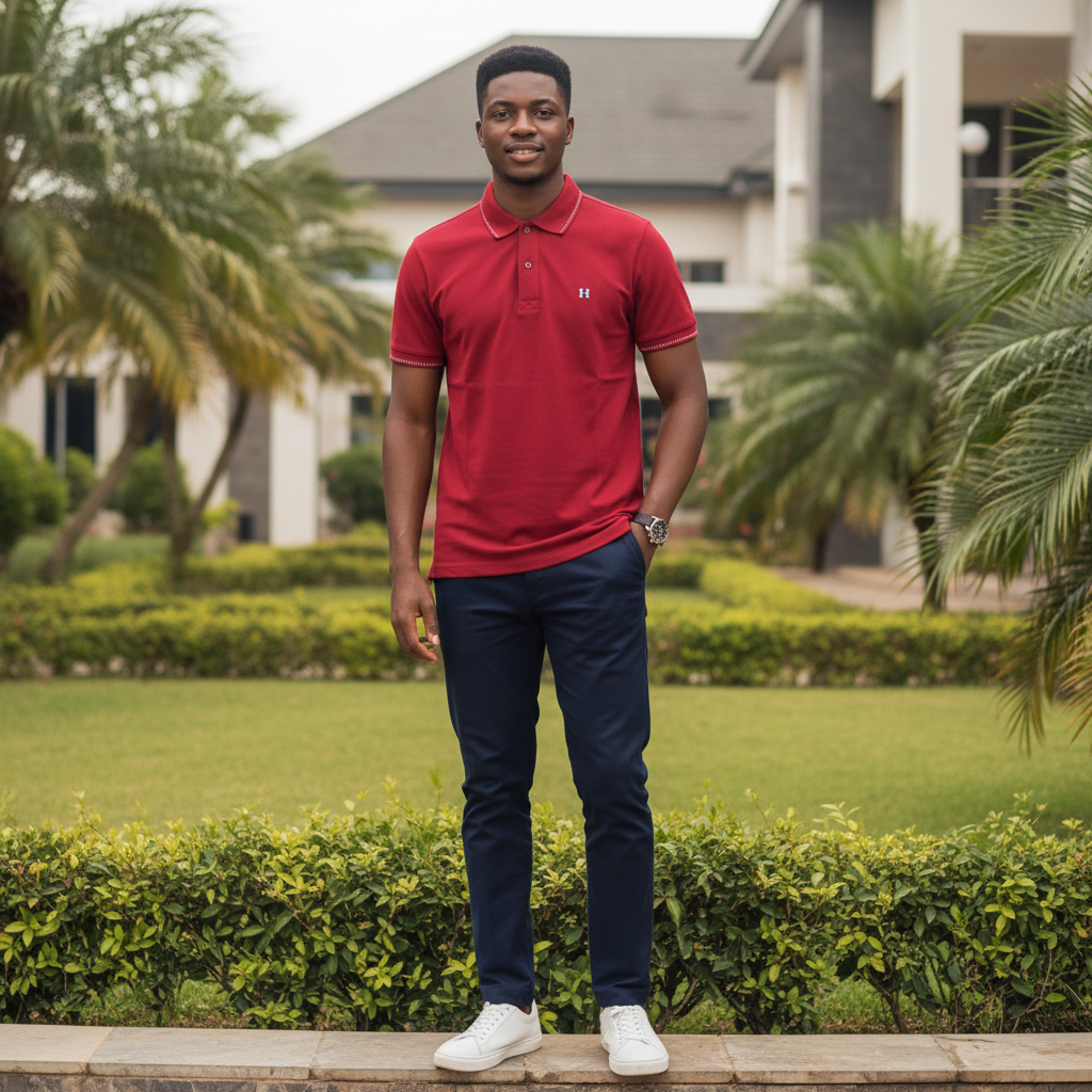 Nigerian male model wearing red solid short sleeve polo shirt with white dotted stitch trim