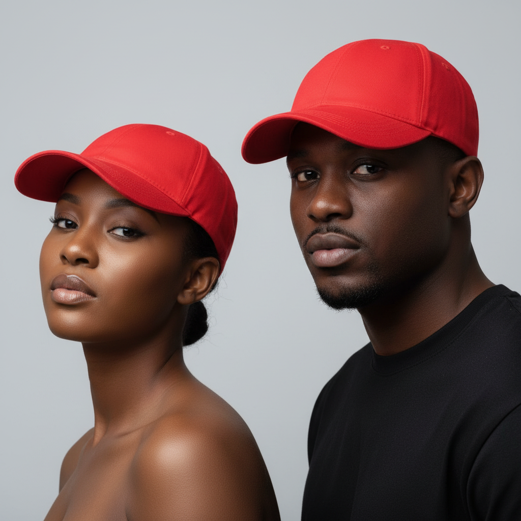 Nigerian male and female models wearing plain vibrant red cotton baseball cap