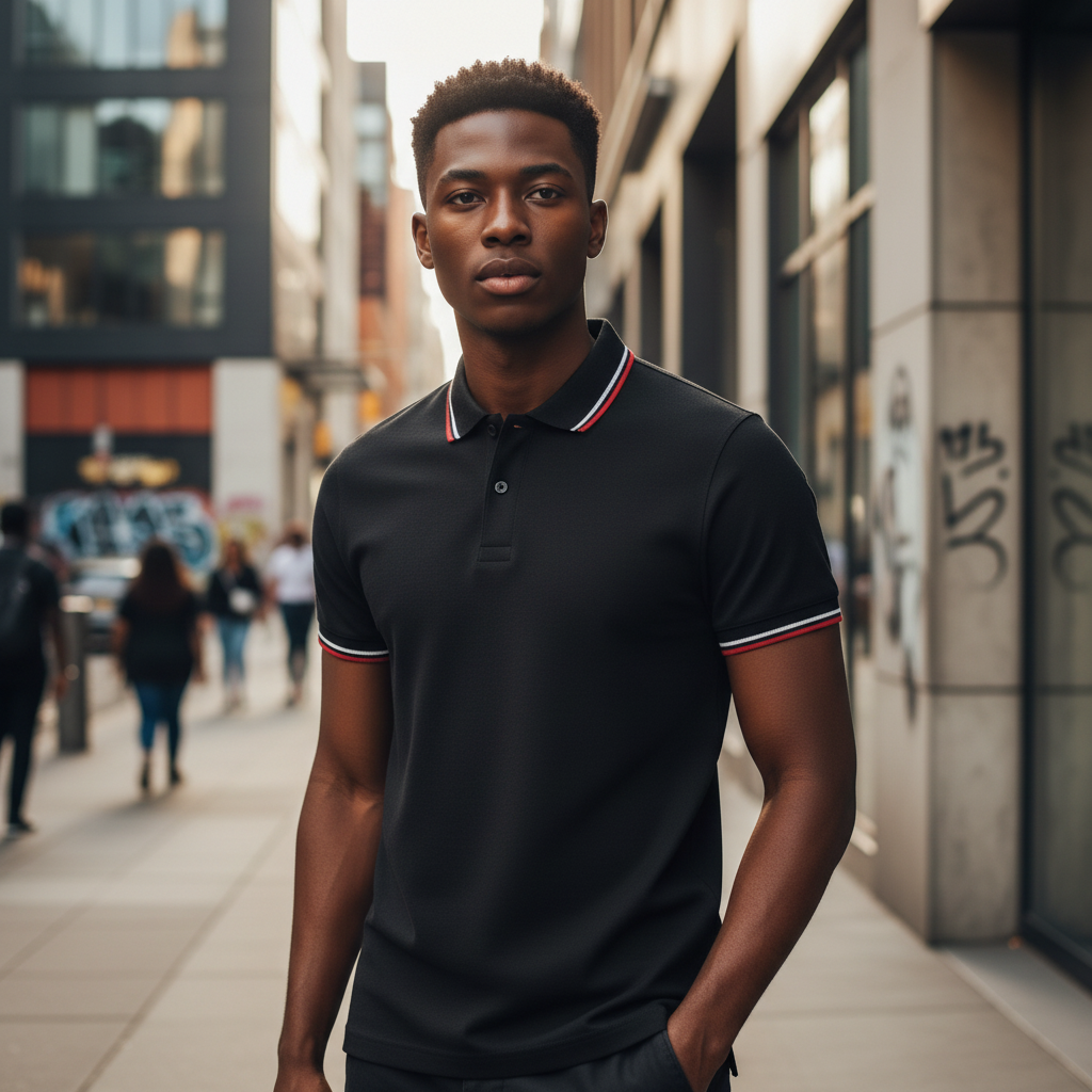 Black Red White Tipped Collar Polo Shirt on Nigerian male model