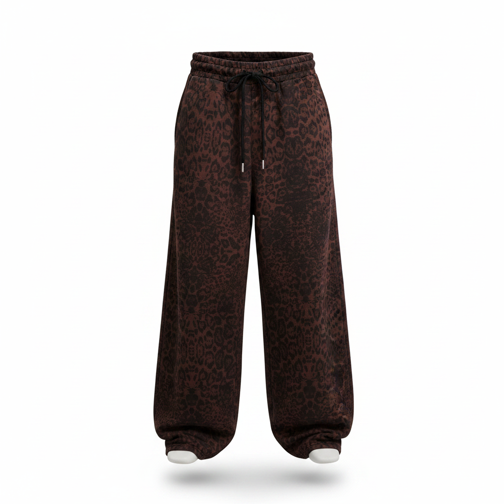 Ghost mannequin view of brown leopard print baggy joggers