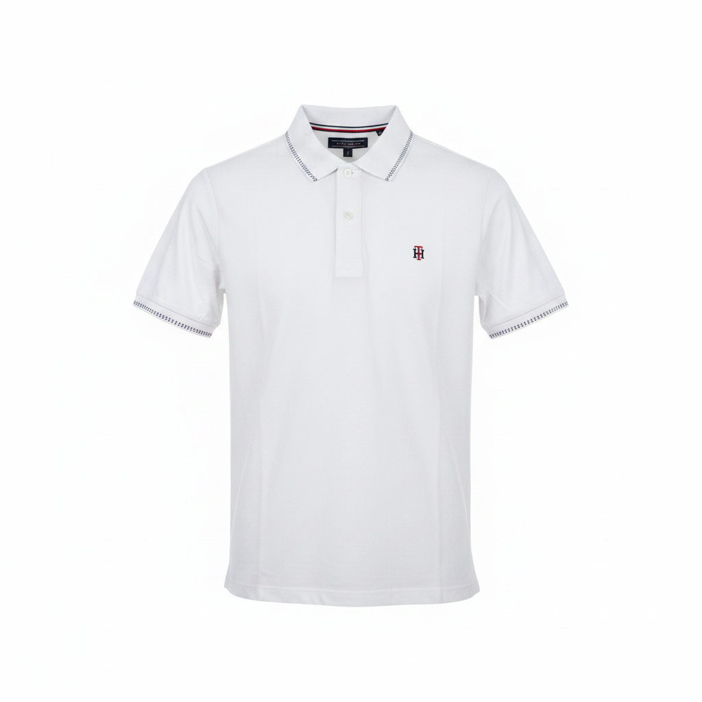 Men's white contrast trim short-sleeve polo shirt on ghost mannequin