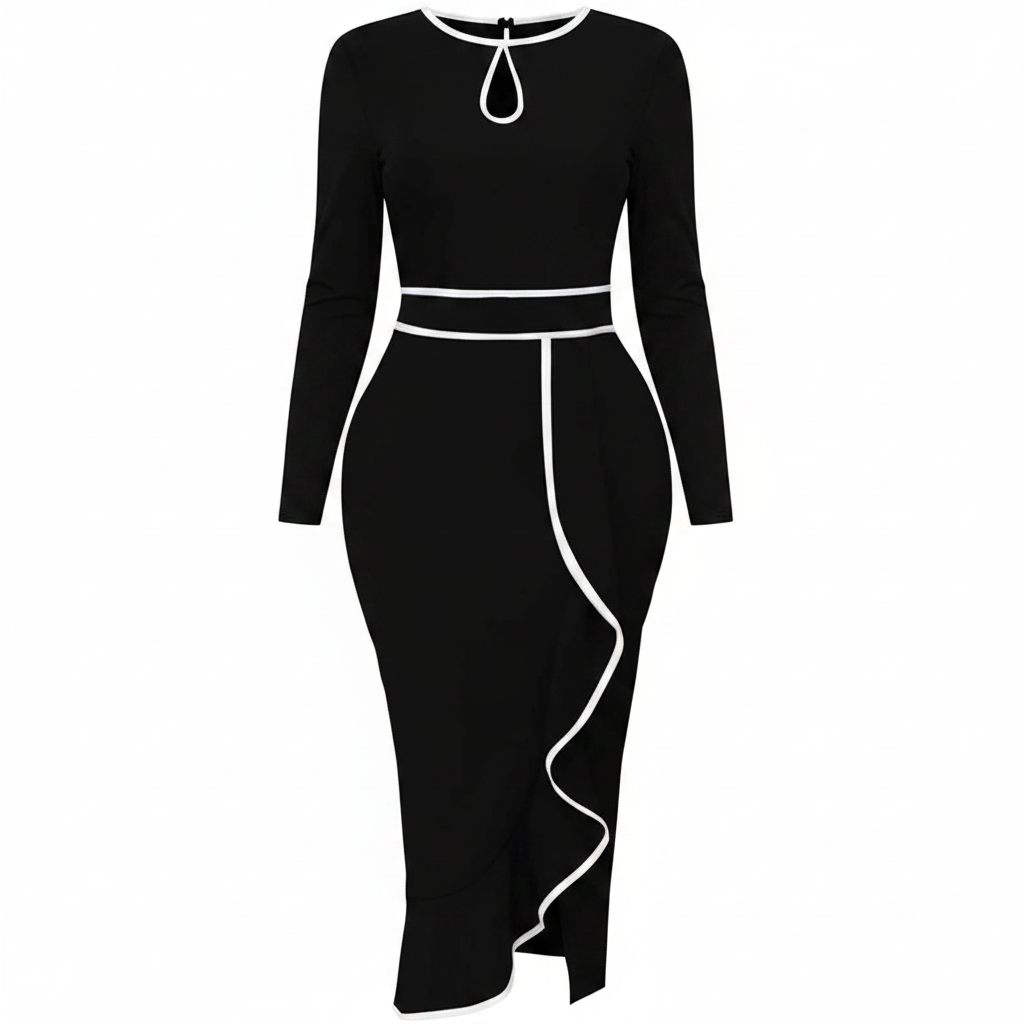 Women's black white trim keyhole long sleeve midi dress – ghost mannequin front view